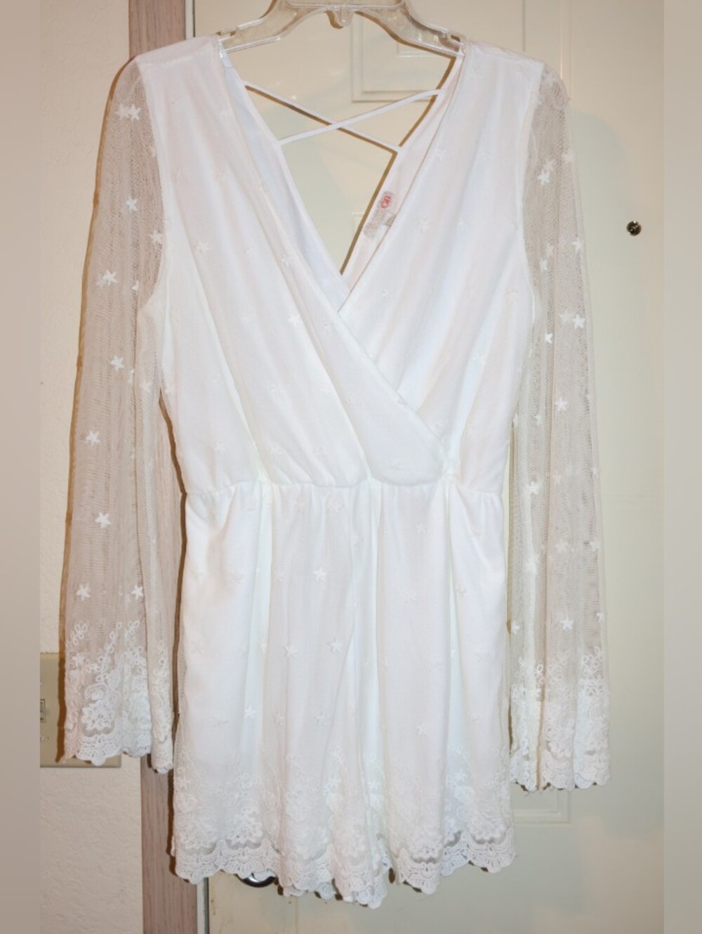 Gianni Bini White Lace Star Embroidered Long Bell-Sleeve Romper. - Picture 3 of 15